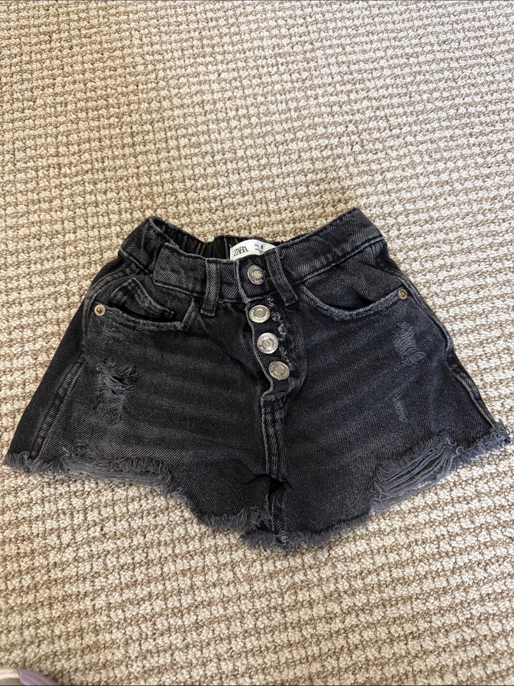 Zara kids Black High-Rise Button-Front Distressed Denim Shorts